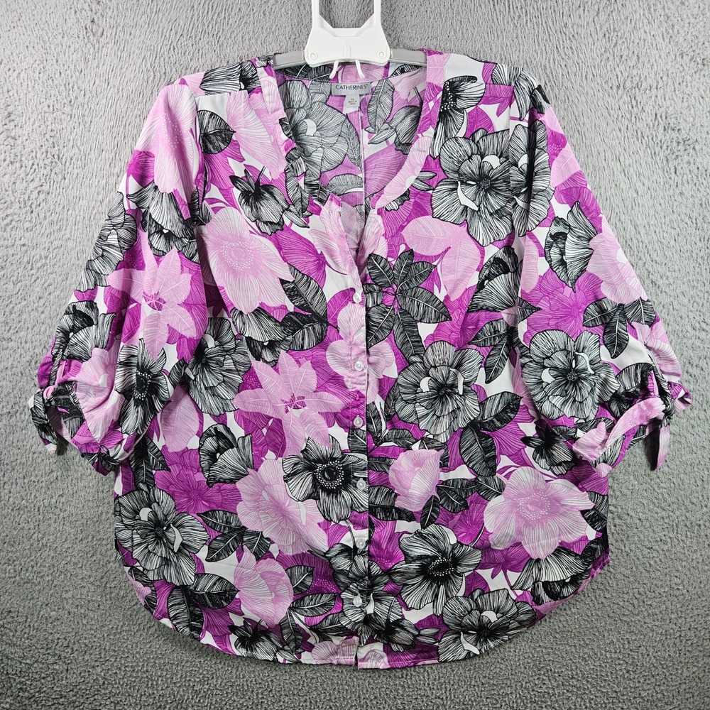 Catherines 0X Pink Floral Print V Neck 3/4 Sleeve‎ Button Front Blouse Top